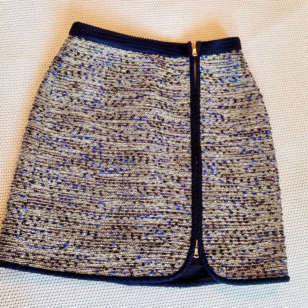 J. CREW Navy Tweed Skirt w Gold Zipper Front Slit